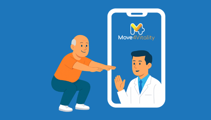 Een patiënt maakt gebruik van Move4Vitality. Via de app wordt hij begeleid door zijn fysiotherapeut.