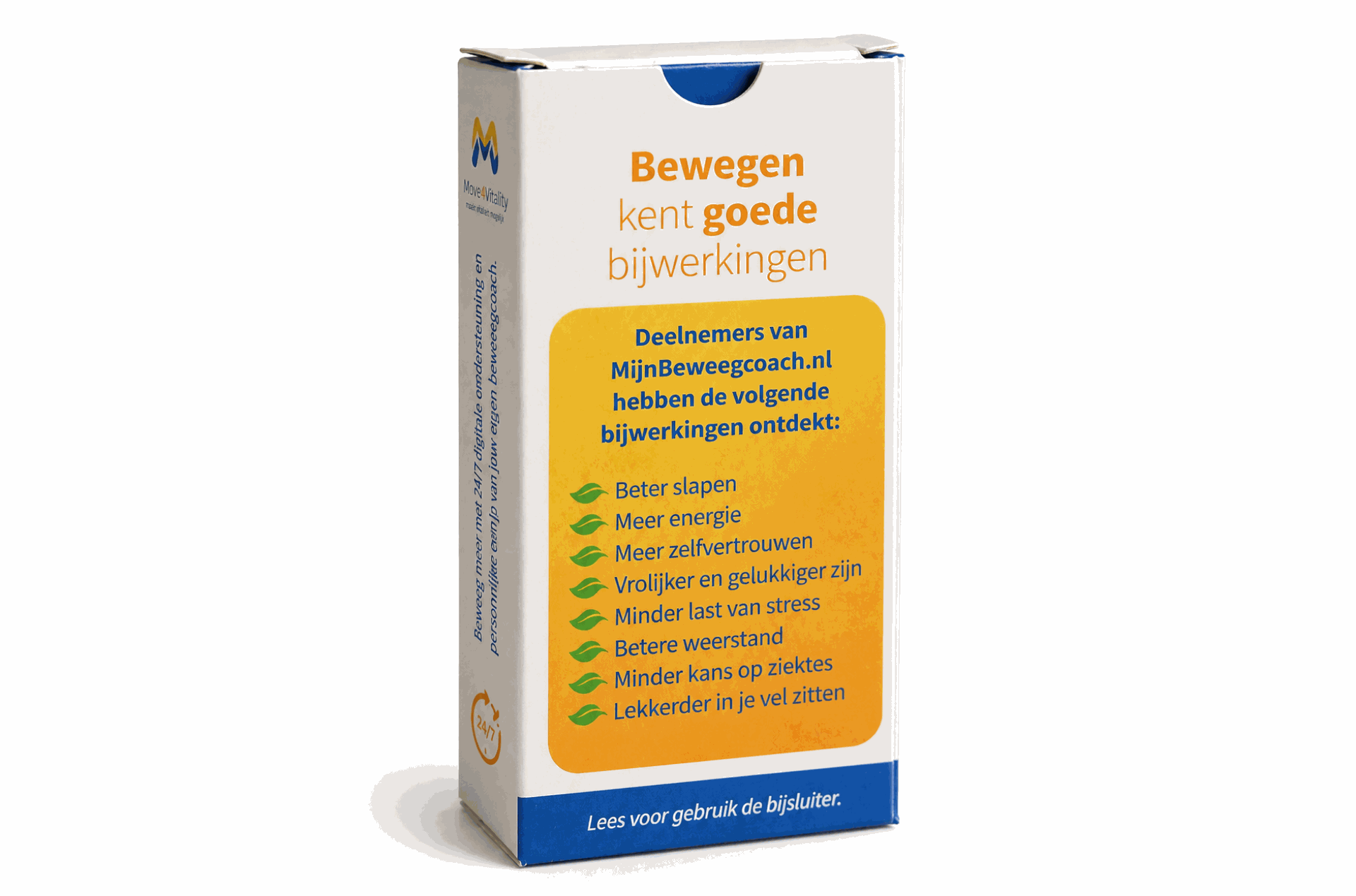 Het medicijndoosje van Bewegen op Recept. Bewegen kent goede bijwerkingen, Move4Vitality begeleidt je